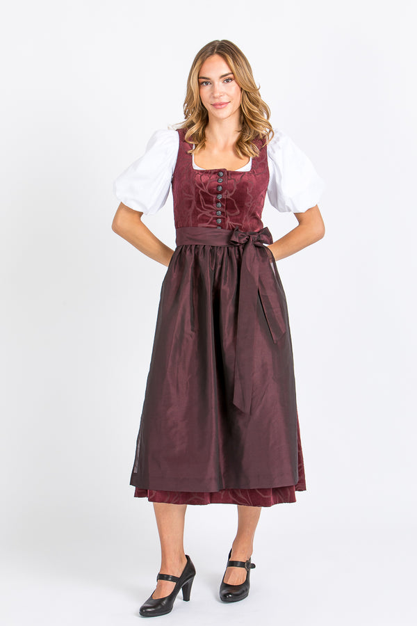 Almliebe Dirndl Loni in bordeaux in der Frontansicht