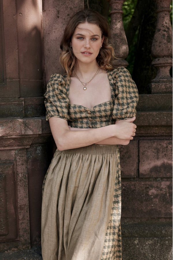 Gottseidank Ärmeldirndl Carolina bronzegrün Vorderansicht | Gottseidank sleeved dirndl Carolina bronze green front view