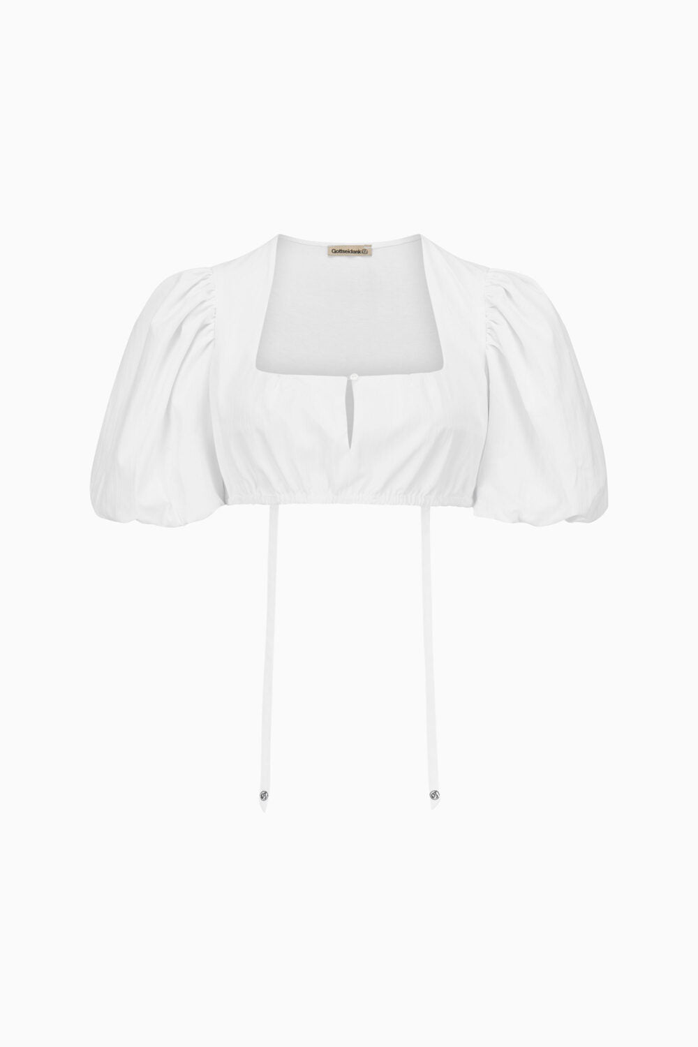 Gottseidank Dirndlbluse mit Puffarm weiß. Frontansicht. 