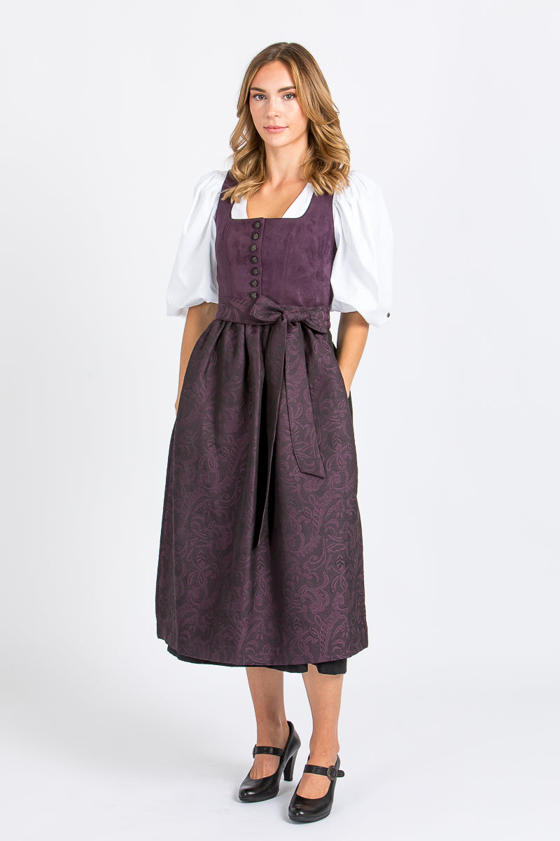 Almliebe Dirndl Amalie in Violet mit floraler Schürze auch in Violet  in der Vorderansicht
