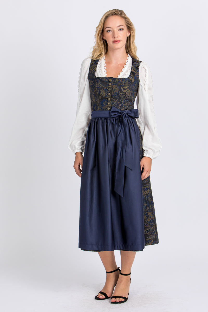 Almliebe Dirndl Fanni blau gemustert Vorderansicht | Almliebe Dirndl Fanni patterned blue front view