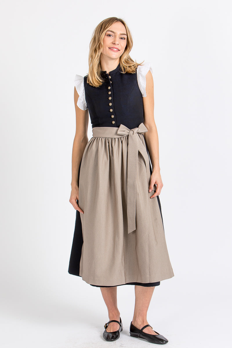 Almliebe Dirndl Nannerl blau beige hochgeschlossen Vorderansicht | Almliebe Nannerl dirndl blue beige high neck front view