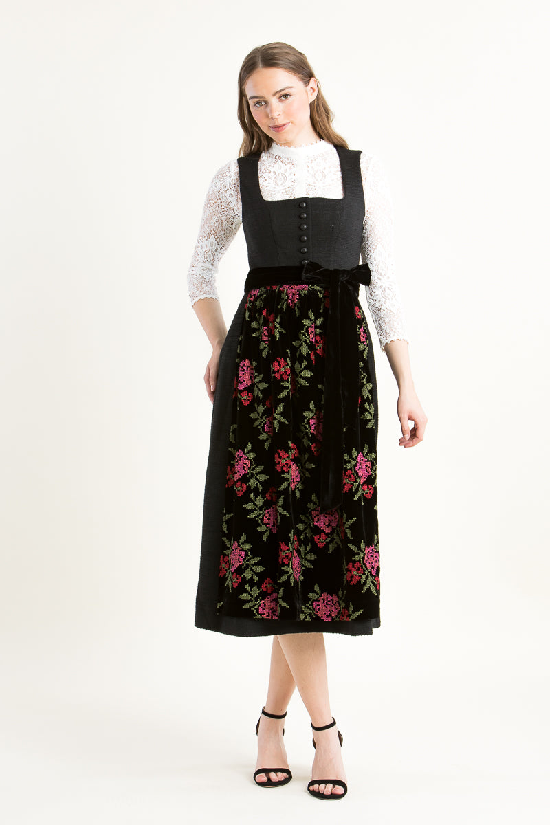 Almliebe Dirndl Rosen Resli schwarz Vorderansicht | Almliebe Dirndl Rosen Resli black front view