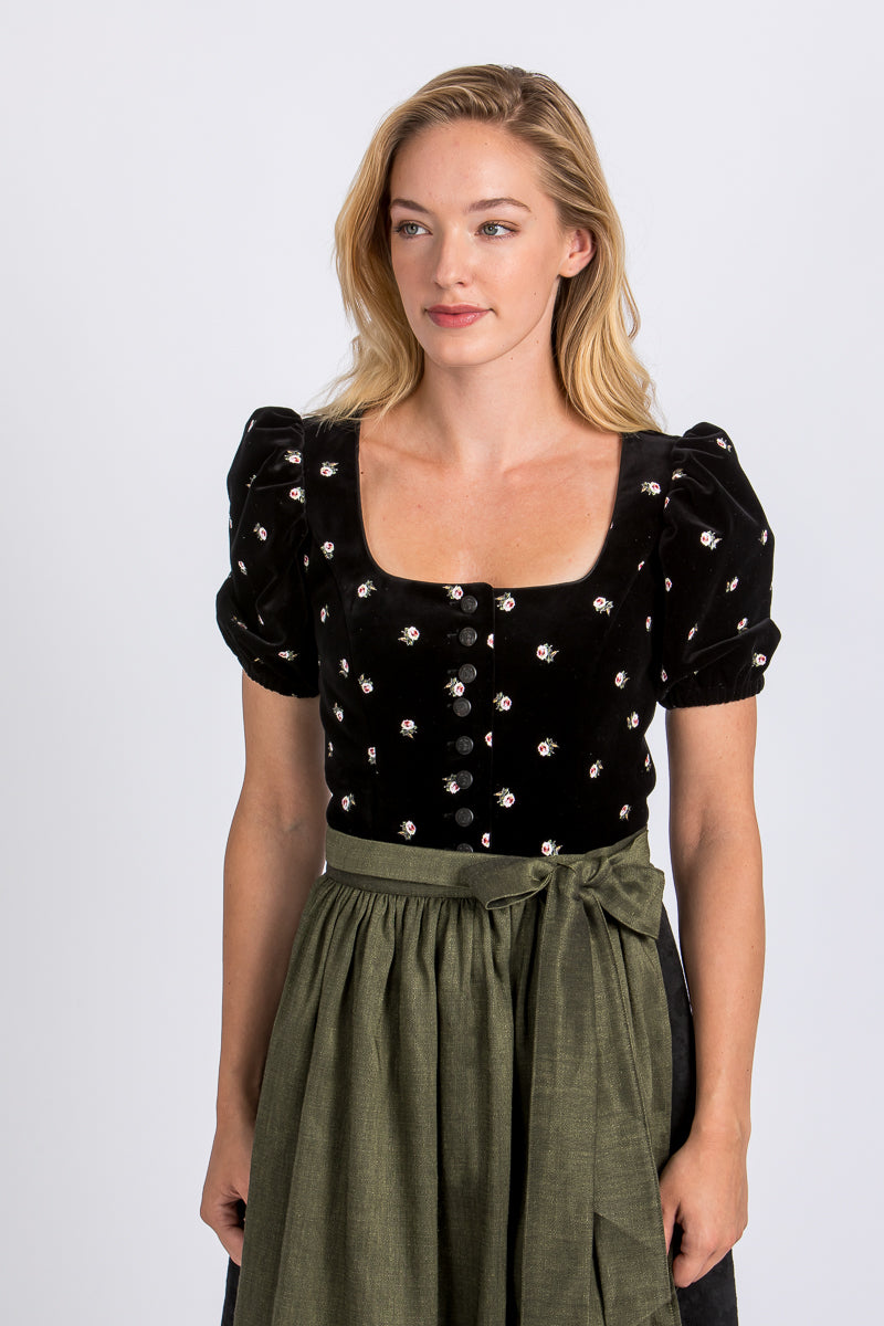 Almliebe Samtdirndl Rosmarie schwarz Detail Puffärmel | Almliebe Velvet Dirndl Rosmarie black puff sleeve detail
