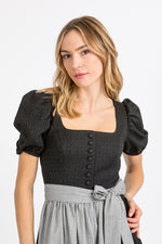 Almliebe Ärmeldirndl Rosmarie schwarz Vorderansicht | Almliebe Rosmarie sleeve dirndl black front view