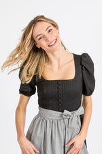 Almliebe Ärmeldirndl Rosmarie schwarz Vorderansicht | Almliebe Rosmarie sleeve dirndl black front view