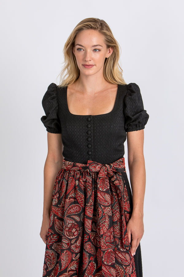 Almliebe Dirndl Rosmarie schwarz/rot Vorderansicht | Almliebe Dirndl Rosmarie black/red front view