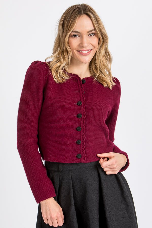 Almliebe Trachtenstrickjacke Owingen Bordeaux Vorderansicht | Almliebe traditional cardigan Owingen bordeaux front view