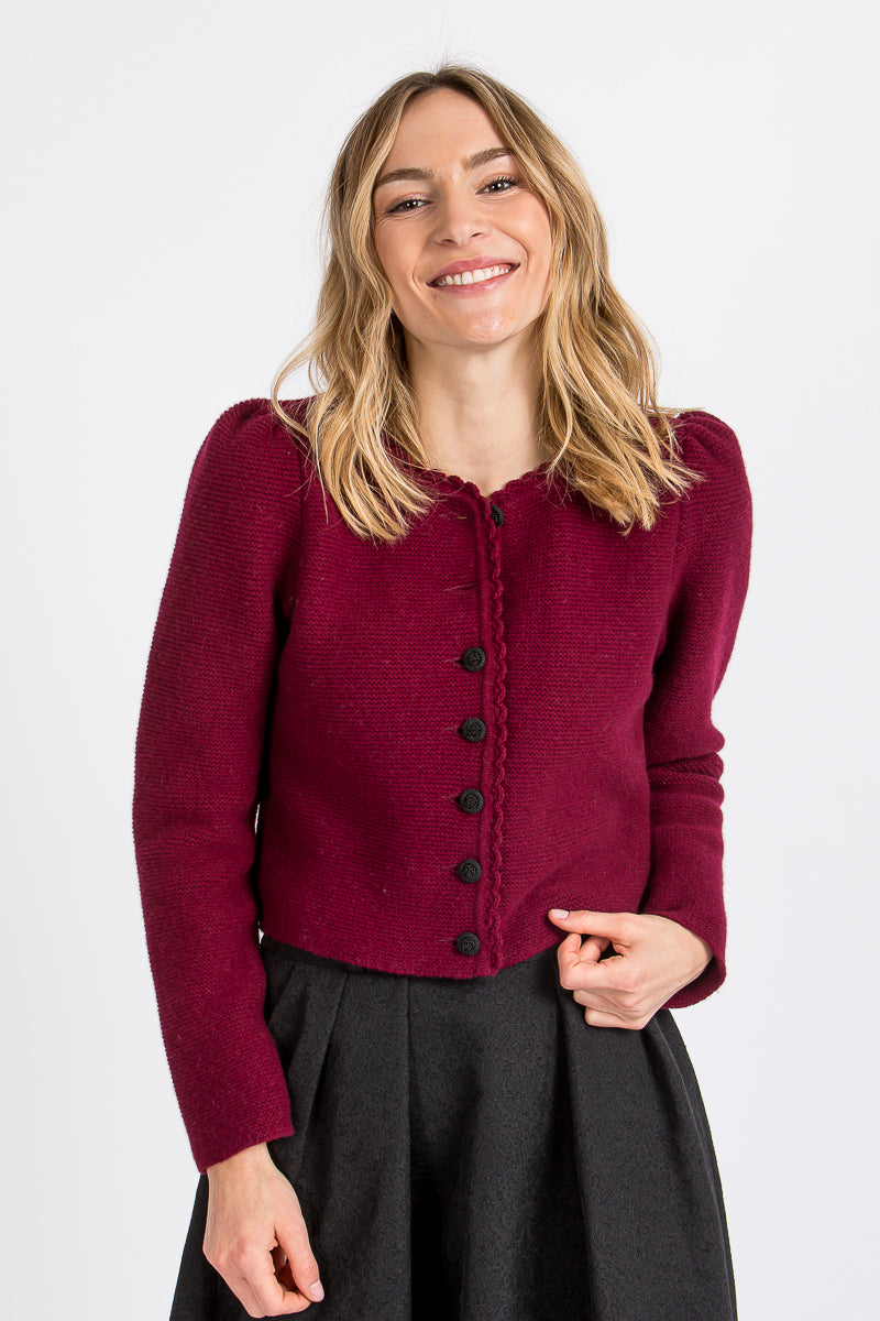 Almliebe Trachtenstrickjacke Owingen Bordeaux Detail Strick | Almliebe traditional cardigan Owingen bordeaux knit detail