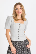 Almliebe Trachtenmieder Leni Steingrau Vorderansicht | Almliebe traditional bodice Leni stone grey front view
