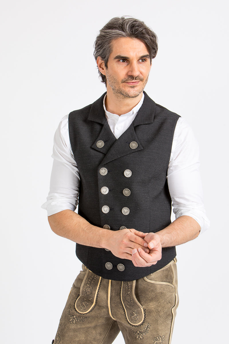 Almliebe Trachtenweste Kutscher anthra Detail | Almliebe traditional vest Kutscher anthracite detail