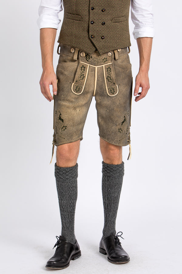 Beckert Hirschlederhose Bayrischzell antik hell Detail Stickerei | Beckert deer leather Lederhosen Bayrischzell antique light embroidery detail