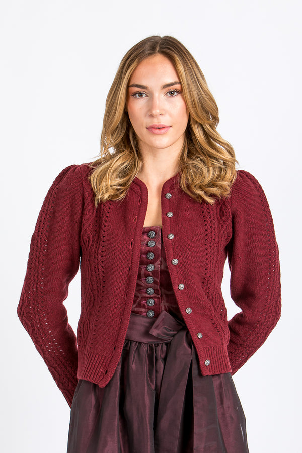 Berwin&Wolff Strickjacke in Bordeaux mit Puffärmel Frontansicht Jacke geöffnet