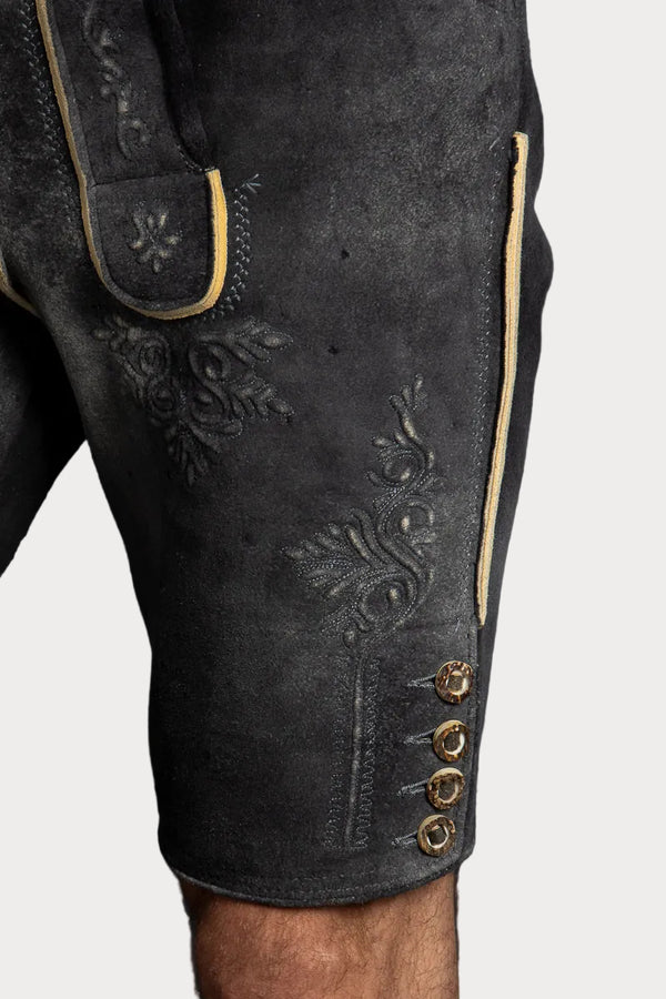 Ostarrichi Hirschlederhose Donau dunkelgrau Detail Reliefstick | Ostarrichi Hirschlederhose Donau dark grey relief embroidery detail