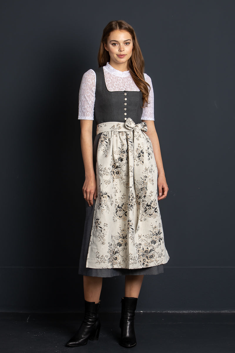 Almliebe Leinendirndl Mei Gspusi grau Vorderansicht | Almliebe linen dirndl Mei Gspusi grey front view