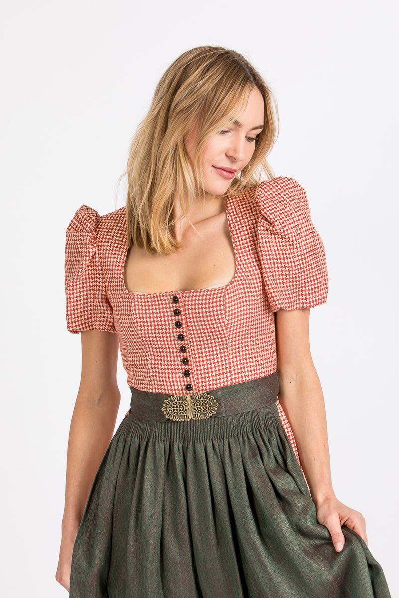 Gottseidank Ärmeldirndl Laura hagebutte oliv Puffärmel Vorderansicht | Gottseidank Laura sleeve dirndl rosehip olive puff sleeves front view