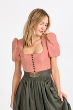 Gottseidank Ärmeldirndl Laura hagebutte oliv Puffärmel Vorderansicht | Gottseidank Laura sleeve dirndl rosehip olive puff sleeves front view