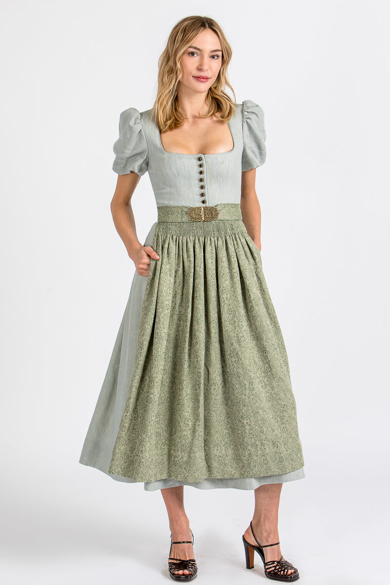 Gottseidank Ärmeldirndl Laura cloud blue Puffärmel Leinen Vorderansicht | Gottseidank Laura sleeve dirndl cloud blue puff sleeves linen front view