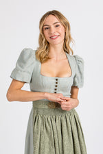Gottseidank Ärmeldirndl Laura cloud blue Puffärmel Leinen Vorderansicht | Gottseidank Laura sleeve dirndl cloud blue puff sleeves linen front view