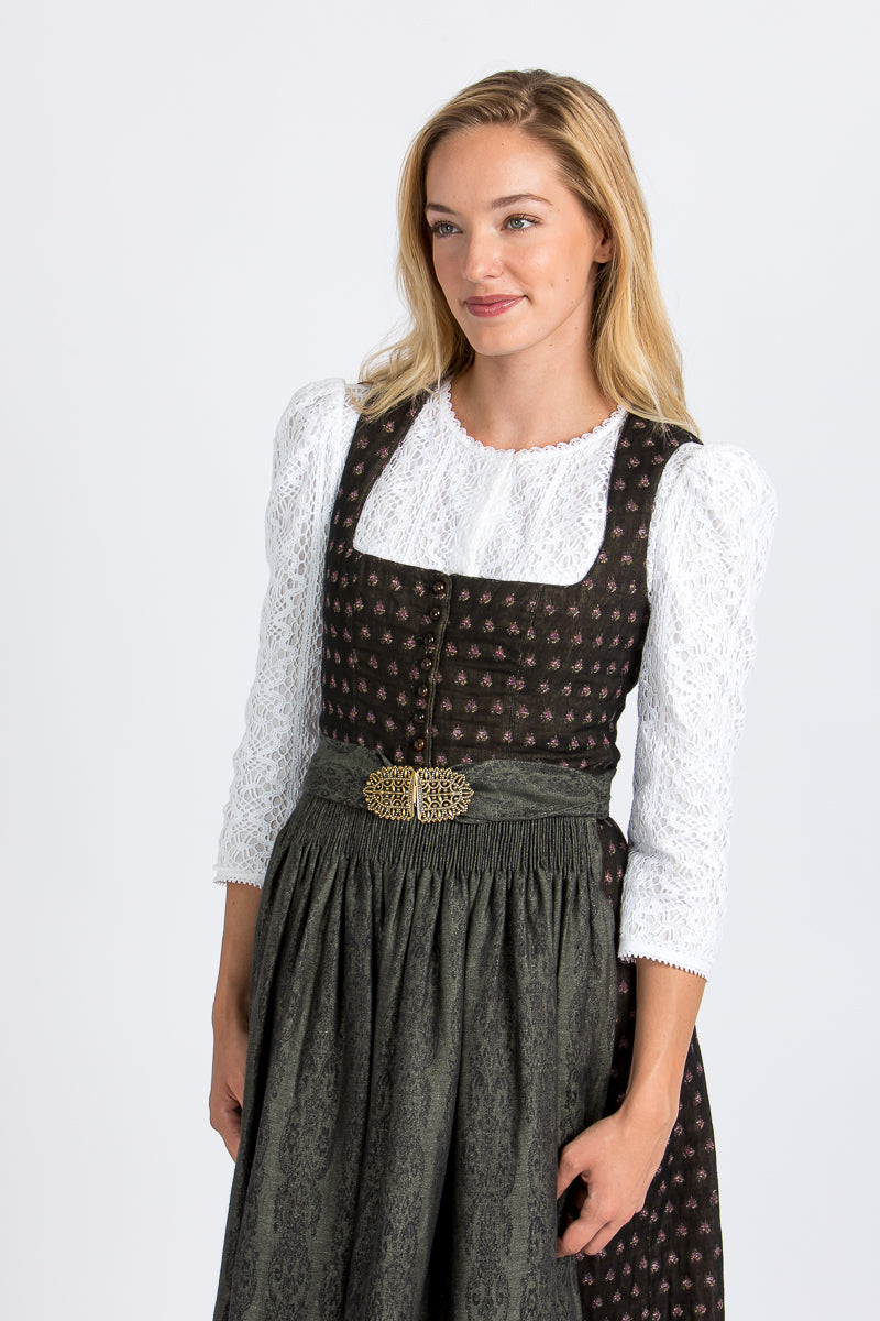 Gottseidank Dirndl Monika schwarz/oliv Detail Knopfverschluss | Gottseidank Dirndl Monika black/olive button closure detail