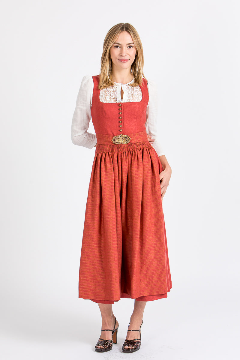 Gottseidank Leinendirndl Monika sauerkirsche blutorange Vorderansicht | Gottseidank Monika linen dirndl sour cherry orange front view
