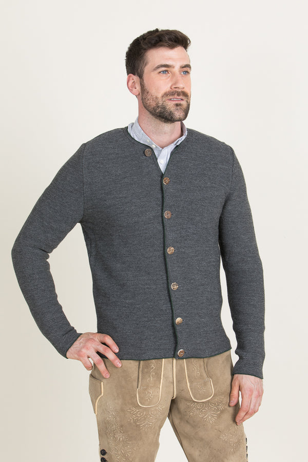 Gottseidank Strickjanker Aloisius asphalt/tanne Vorderansicht | Gottseidank Knit Jacket Aloisius asphalt/fir front view