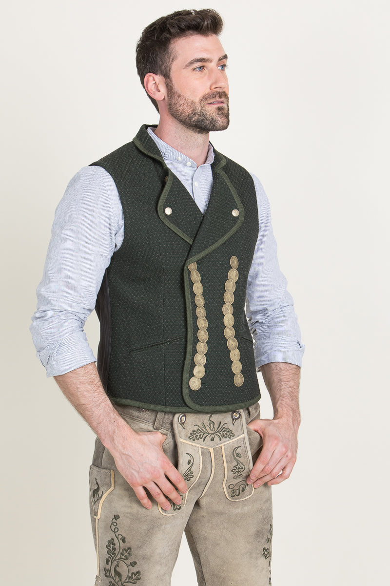 Gottseidank Kutschergilet Benedikt flaschengrün Detail | Gottseidank coachman vest Benedikt bottle green detail