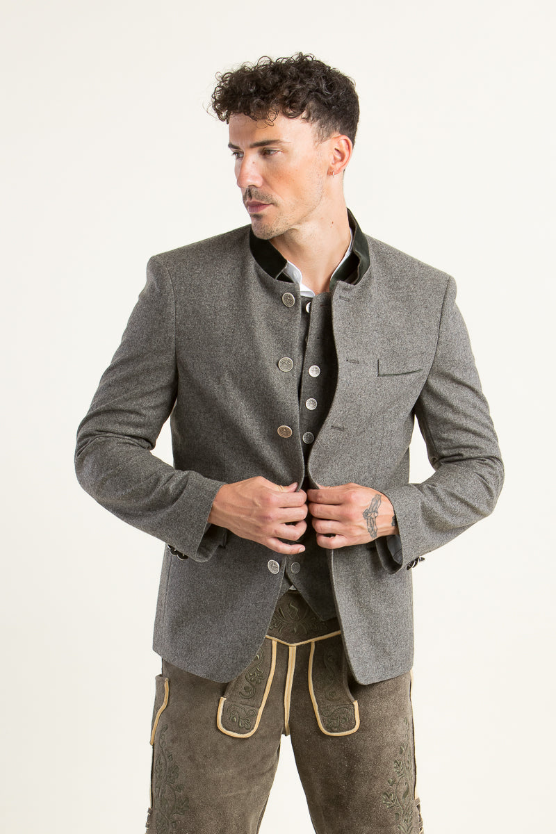 Grasegger Trachtenjanker Prometheus grau/beige Detail Samtkragen | Grasegger traditional jacket Prometheus grey/beige velvet collar detail