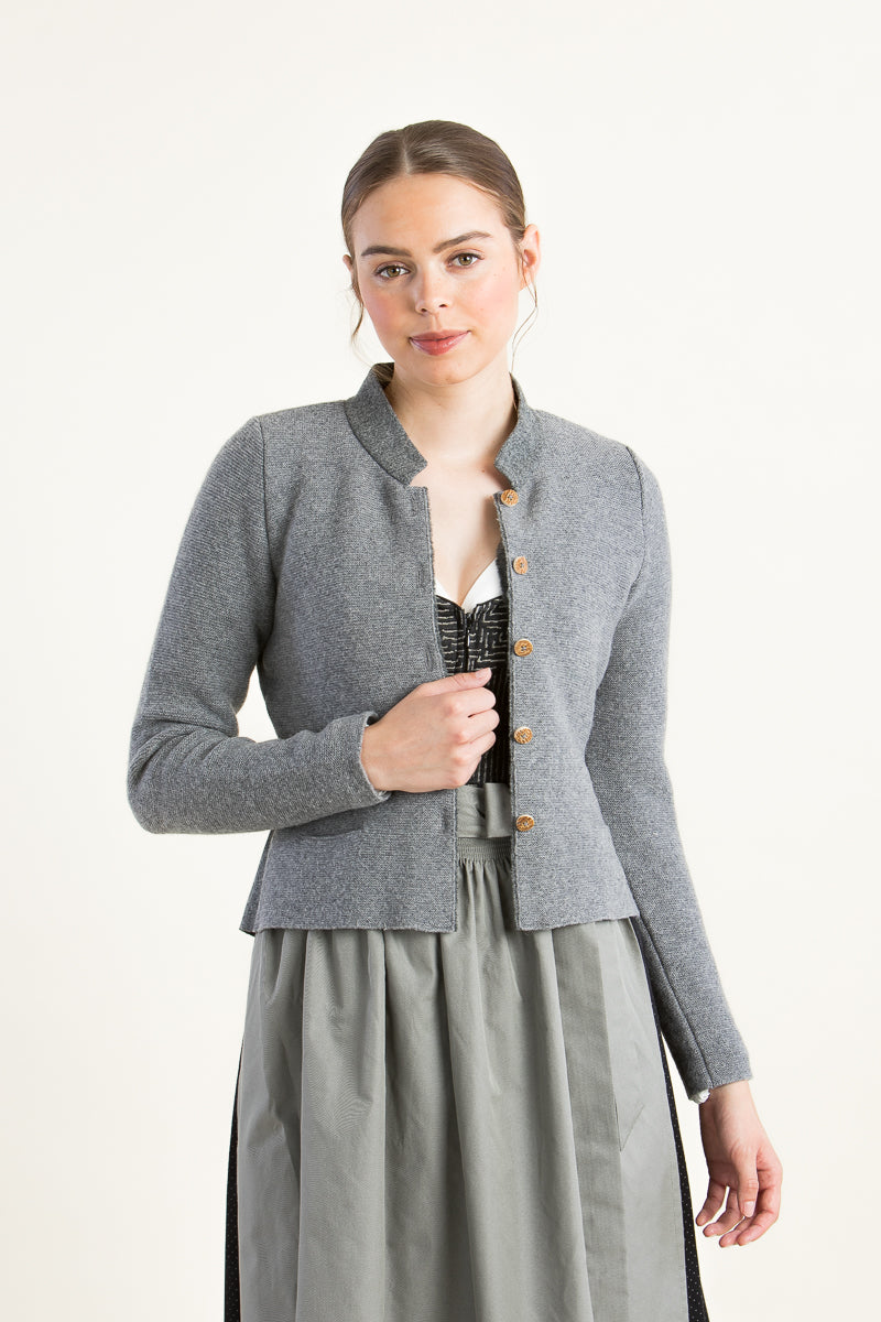 Heidi Trachtenstrickjacke Damen Hellgrau Vorderansicht | Heidi Women's Traditional Knit Jacket Light grey front view
