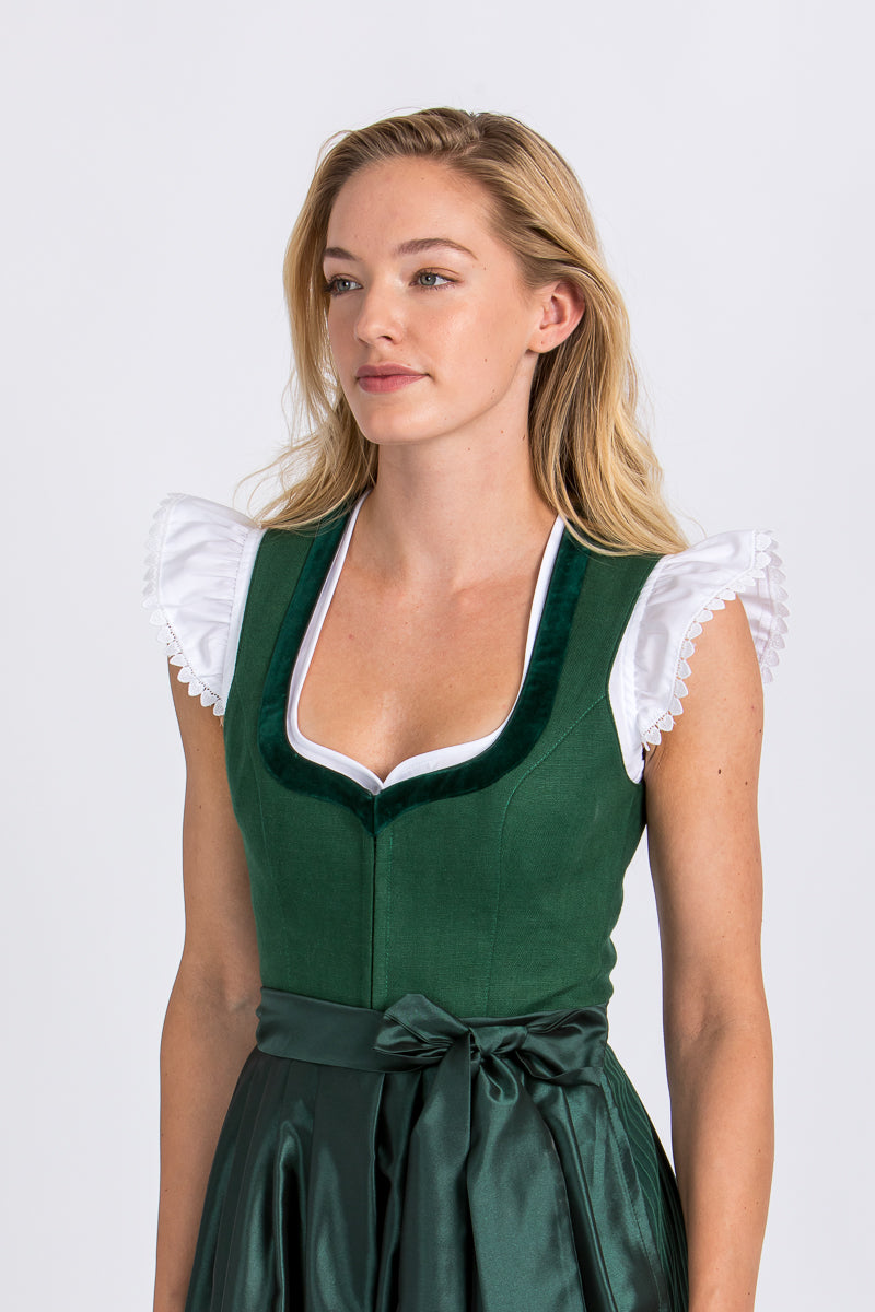 Heimatglück Leinendirndl Tamara tanne Detail Schürze | Heimatglück linen dirndl Tamara fir green apron detail