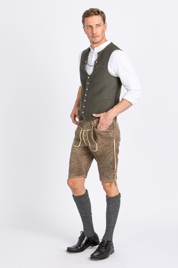 Heimatglück Miesbacher Trachtenweste Anton olivgrün Vorderansicht | Heimatglück vest Anton olive green front view