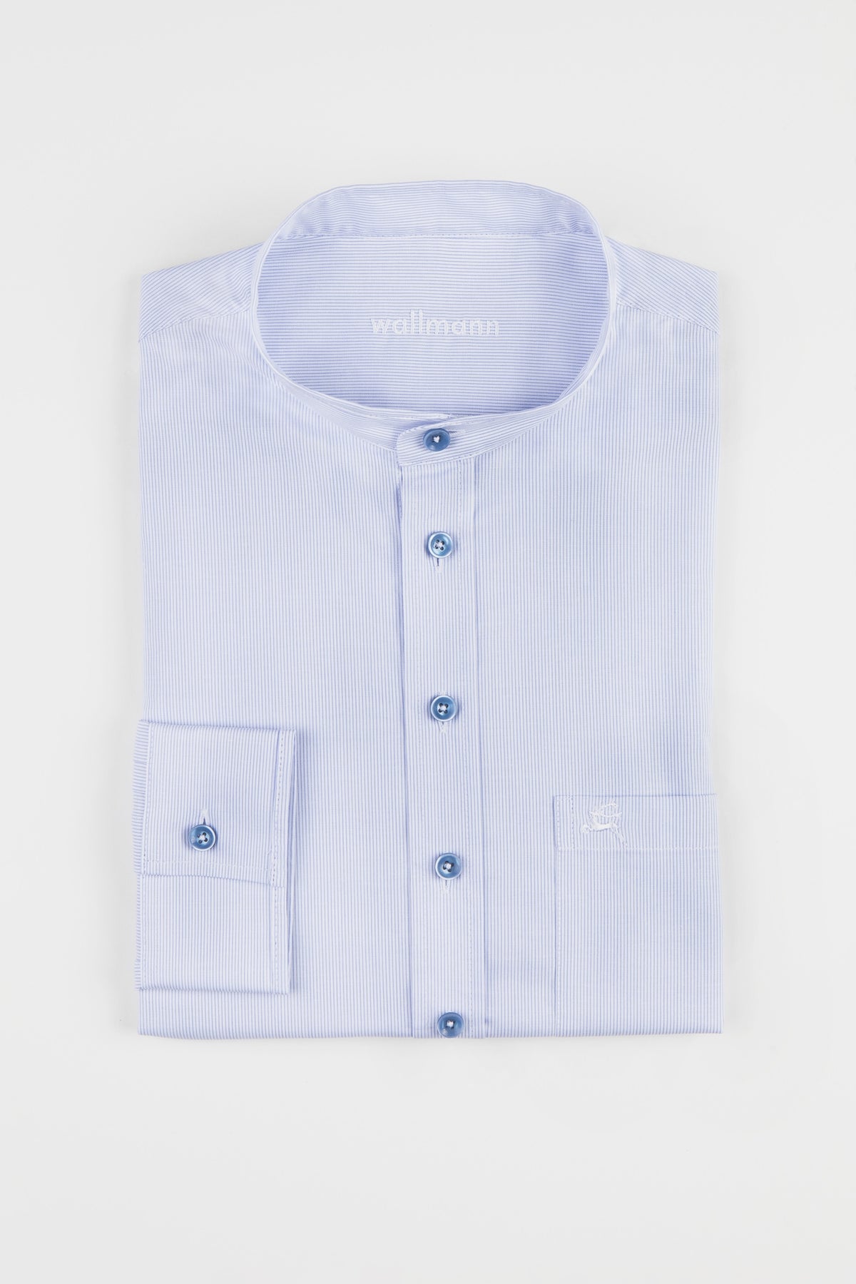 Wallmann Trachtenhemd Stehkragen blau gestreift Vorderansicht | Wallmann traditional shirt stand-up collar blue striped front view