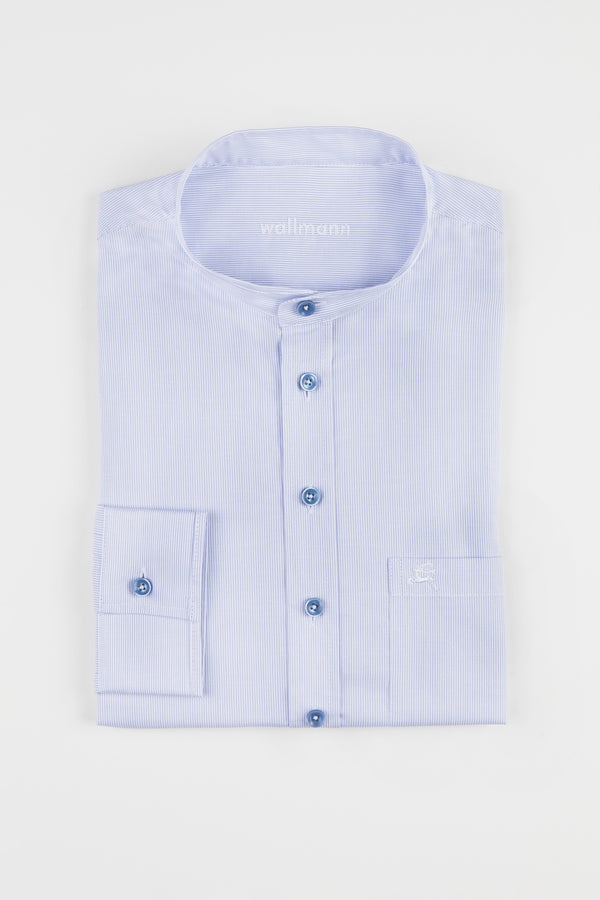 Wallmann Trachtenhemd Stehkragen blau gestreift Vorderansicht | Wallmann traditional shirt stand-up collar blue striped front view