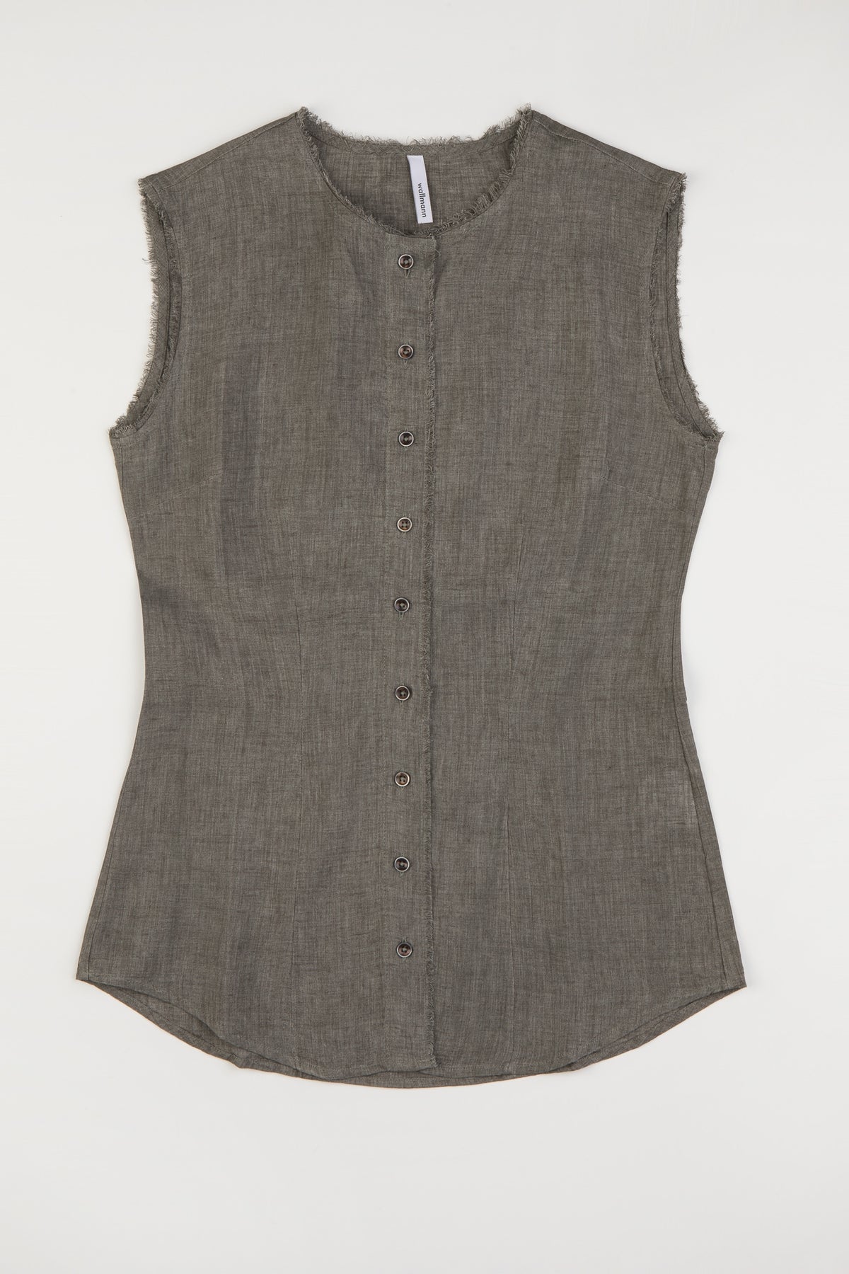 Wallmann Trachtenbluse Leinen ärmellos oliv Vorderansicht | Wallmann Trachtenbluse Linen sleeveless olive front view