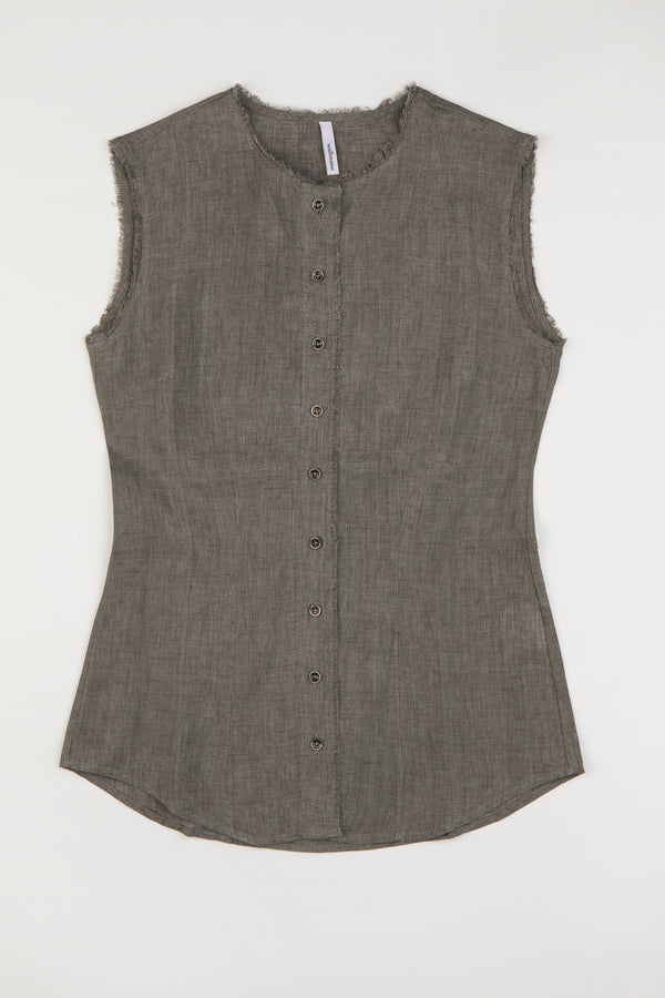Wallmann Trachtenbluse Leinen ärmellos oliv Vorderansicht | Wallmann Trachtenbluse Linen sleeveless olive front view