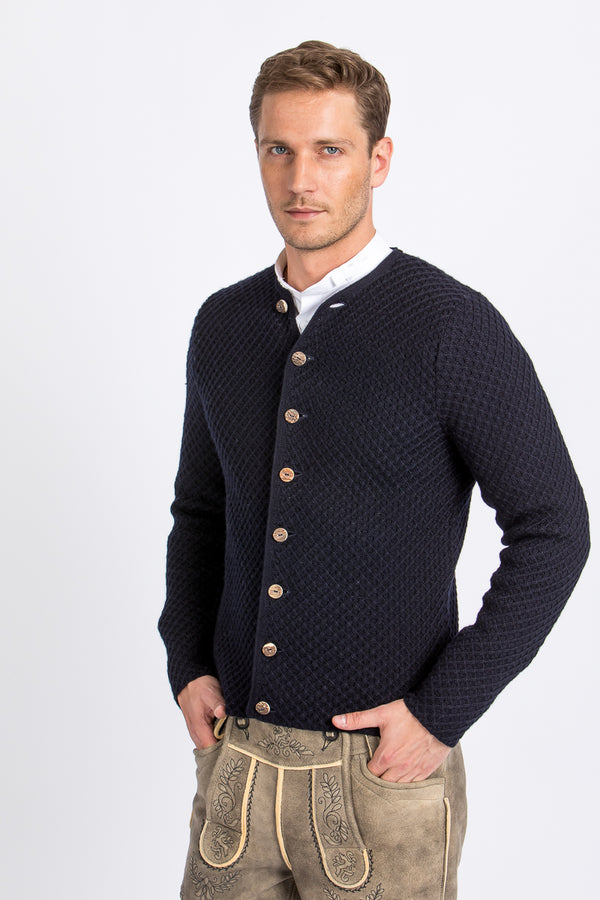 Gottseidank Strickjanker Xaver tintenblau Vorderansicht | Gottseidank knitted janker Xaver ink blue front view