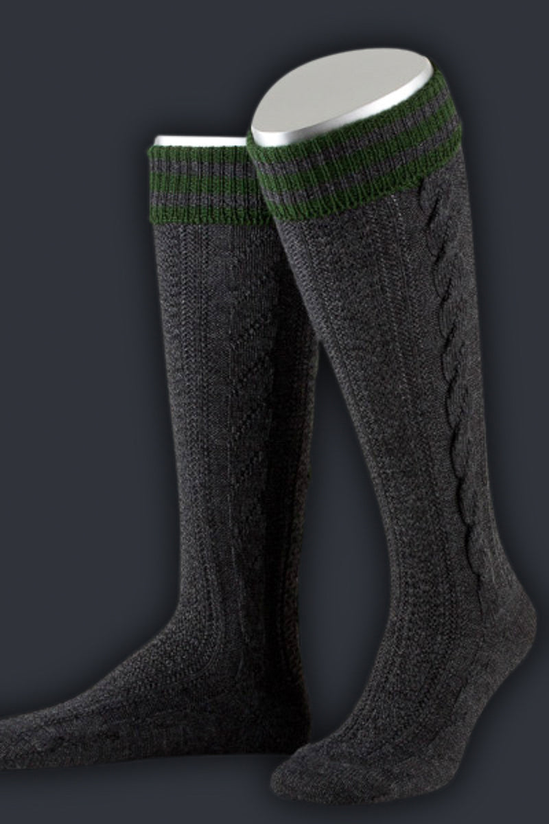Lusana Trachtenstrümpfe L18994 Anthrazit Tanne Detail | Lusana traditional knee socks L18994 anthracite fir green detail