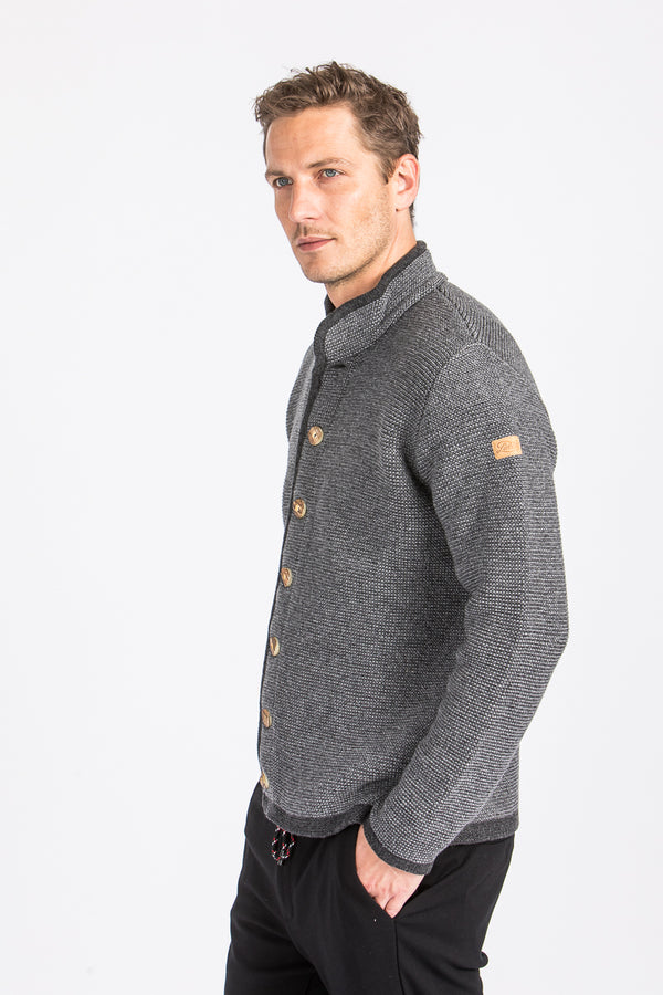 Liebling Strickjanker Thomas Stehkragen grau Rückansicht | Liebling knitted janker Thomas stand-up collar grey back view