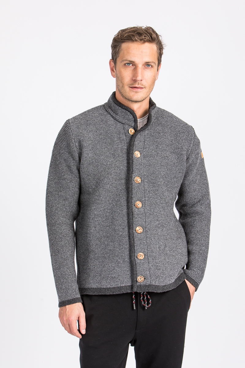 Liebling Strickjanker Thomas Stehkragen grau Detail | Liebling knitted janker Thomas stand-up collar grey detail