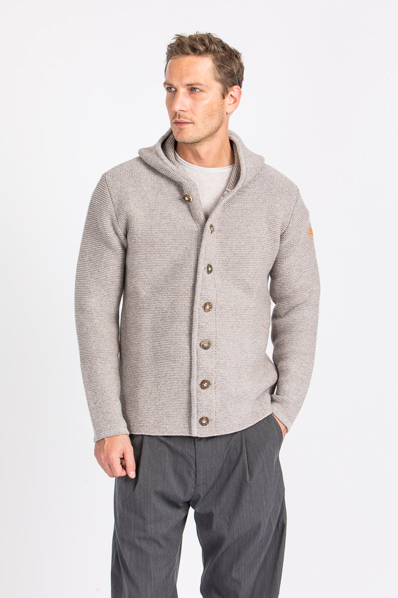 Liebling Kapuzenjanker Thomas Marmor/Trüffel Rückansicht | Liebling hooded knit jacket Thomas Marble/Truffle back view