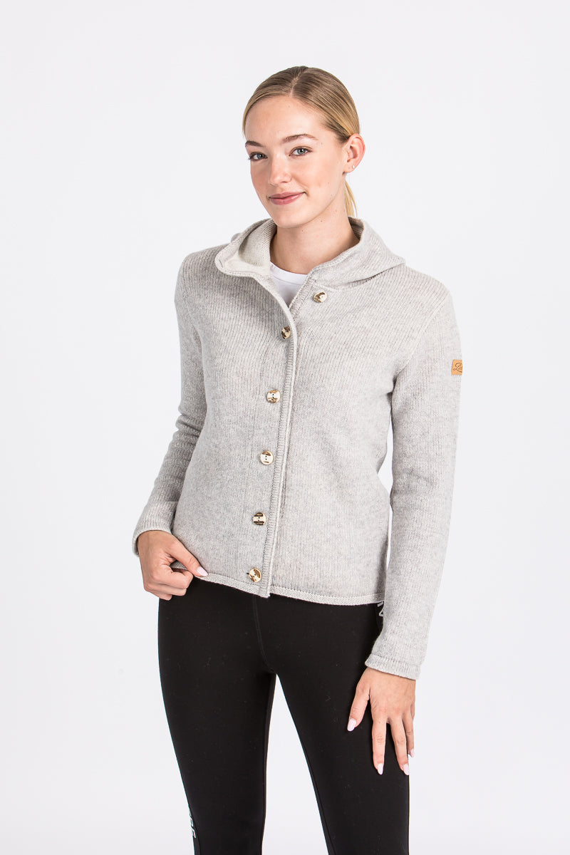 Liebling Kapuzenjanker Vera light kiesel/natur Rückansicht | Liebling hooded knit jacket Vera light pebble/natural back view