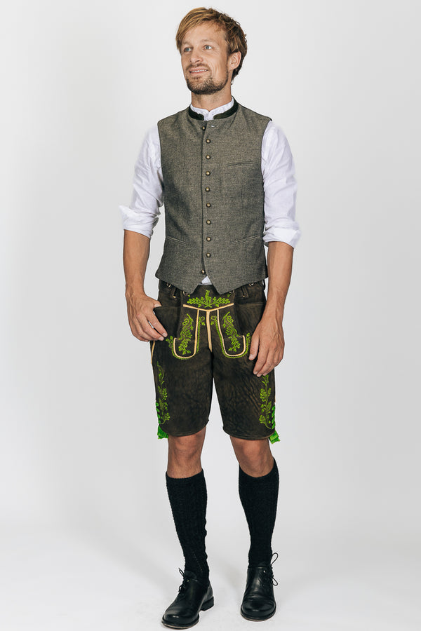 Ostarrichi Hirschlederhose Sepp rauchschwarz Vorderansicht | Ostarrichi Lederhose Sepp smoke black front view