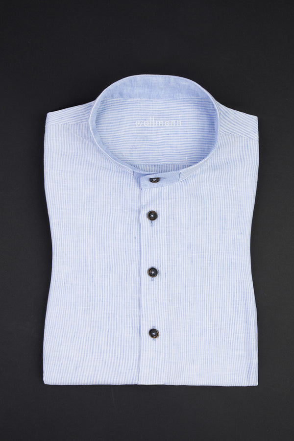 Wallmann Trachtenhemd Leinen gestreift blau Vorderansicht | Wallmann Linen Traditional Shirt Striped Blue front view