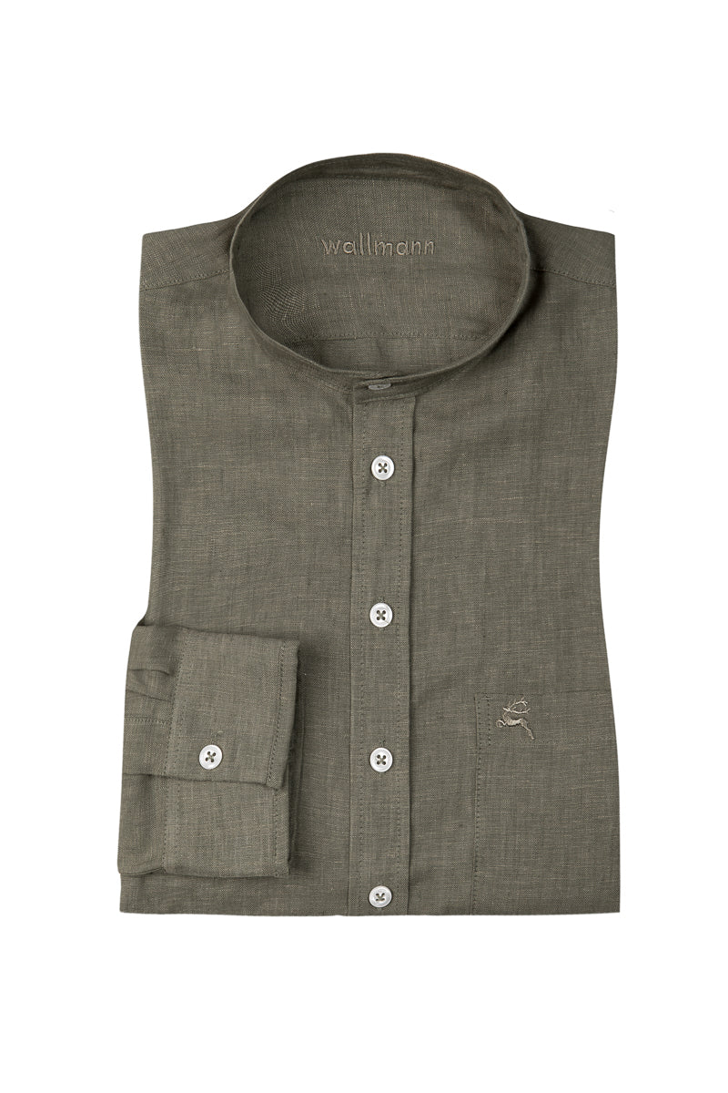 Wallmann Trachtenhemd Leinen oliv Vorderansicht | Wallmann Linen Traditional Shirt Olive front view