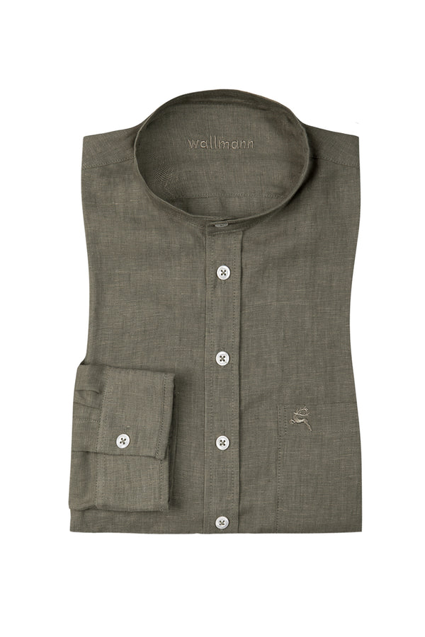 Wallmann Trachtenhemd Leinen oliv Vorderansicht | Wallmann Linen Traditional Shirt Olive front view